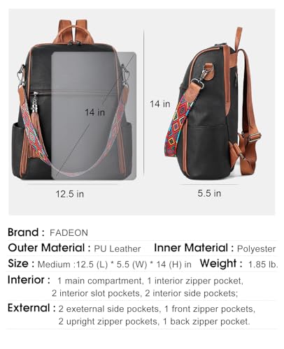 FADEON Leather Backpack Purse for Women Designer Travel Backpack Purses PU Fashion Ladies Shoulder Bag with Tassel - color: 1 Retro Black With Brown