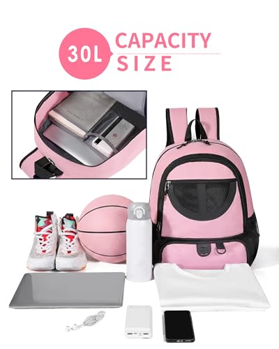 Basketball Bag Backpack for Men Women with Ball & Shoes Compartment 30L Capacity Lightweight Breathable Boys Girls Soccer Ball Bag Backpack Fit Volleyball Football Sports Travel School Gym - color: TK8Black Pink