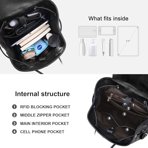 BOYATU Leather Backpack Purse for Women Fashion Design Ladies Shoulder Bag | Full-Grain Leather | Work Commuter & City Travel | Fashion RFID Pocket Bag | Compact Everyday Essentials (Black) - color: Black