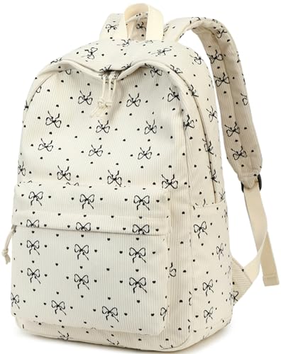 BTOOP School Backpack for Teens Large Corduroy Bookbag Lightweight 15.6 inch Laptop Bag for Girls Women Casual High School College - color: Black-bowknot-heart