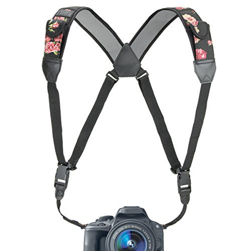 USA Gear DSLR Camera Strap Chest Harness with Quick Release Buckles, Floral Neoprene Pattern and Accessory Pockets - Compatible with Canon, Nikon, Sony and More Point and Shoot and Mirrorless Cameras - color: Floral