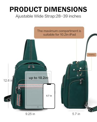 FADEON Large Sling Bag for Women, Designer Leather Crossbody Purse Convertible Sling Backpack, Anti Theft Daypack for Travel - color: Dark Green Nubuck Style