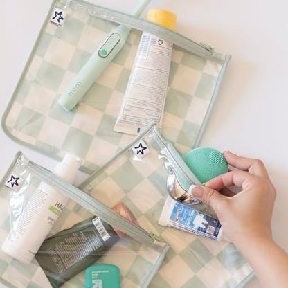 Tiny Twinkle Diaper Bag Organizing Pouches|3 Pack Mess-Proof Clear Front Travel Organizer Bags&TSA Approved Toiletry Bag Set for Baby and Mom Essentials - color: Sage Checkers