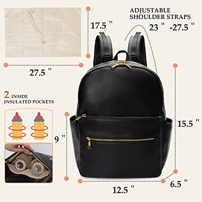 Omanmoli Diaper Bag Backpack Baby Diaper Bag Leather Diaper Bag Backpack Mom Dad with 18 Organizing Pouches,6 Insulated Pockets,Changing Pad,Stroller Straps, Large Capacity,Waterproof(Black) - color: Black