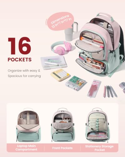 LOVEVOOK School Backpack for Teen Girls, Unique Style College Student Backpacks with Large Cup Holder, Cute Kid Bookbag with Pens Compartment, Large Capacity Back to School Backpack Fit 15.6'' Laptop - color: Green Pink Beige, size: Medium