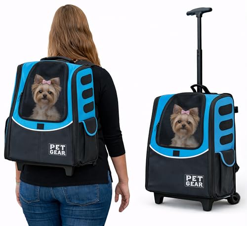 Pet Gear I-GO2 Roller Backpack, Medium Escort, Caribbean Blue | Travel Carrier, Car Seat for Cats/Dogs, Mesh Ventilation, Telescoping Handle, Storage Pouch, Included Tether - color: Caribbean Blue, size: Medium - Escort