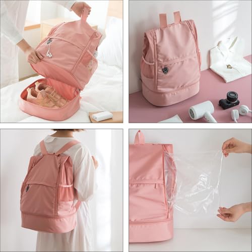 GALPADA Waterproof Dry Wet Separated Backpack for Women, Portable Lightweight Travel Daypack with Multi-compartment Storage, Casual Pink Sports Gym Bag for Outdoor Activities