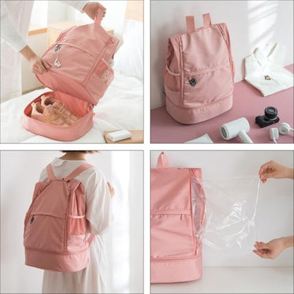 GALPADA Waterproof Dry Wet Separated Backpack for Women, Portable Lightweight Travel Daypack with Multi-compartment Storage, Casual Pink Sports Gym Bag for Outdoor Activities