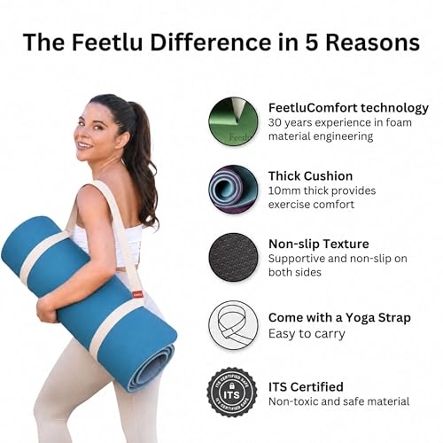 Extra Thick Yoga Mat with Carry Strap, 10mm Non-Slip Exercise Mat, 72 x 24 Inch Cushioned Workout Mat for Yoga, Pilates, Stretching & Floor Exercises - color: Trurkey Blue & Gray