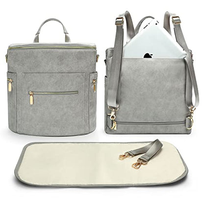 miss fong Diaper Bag Backpack Baby Diaper Bag, Large Leather Diaper Backpack with 16 Pockets Travel Bag with Diaper Changing Pad, Stroller Straps & 2 Insulated Pockets (Convertible,Premium Grey) - color: Premium Grey