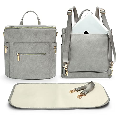 miss fong Diaper Bag Backpack Baby Diaper Bag, Large Leather Diaper Backpack with 16 Pockets Travel Bag with Diaper Changing Pad, Stroller Straps & 2 Insulated Pockets (Convertible,Premium Grey) - color: Premium Grey