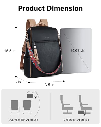 FADEON Leather Laptop Backpack for Women Designer 15.6 inch PU Laptop Bag, Ladies Travel Computer Work Backpack Black - color: Black Retro Style