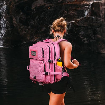 Hannibal Tactical 45L MOLLE Assault Backpack, Tactical Backpack Military Army Camping Rucksack with Bottle Holder, 3-Day Pack Trip w/USA Flag Patch, D-Rings, Pink - color: Pink, size: 45L