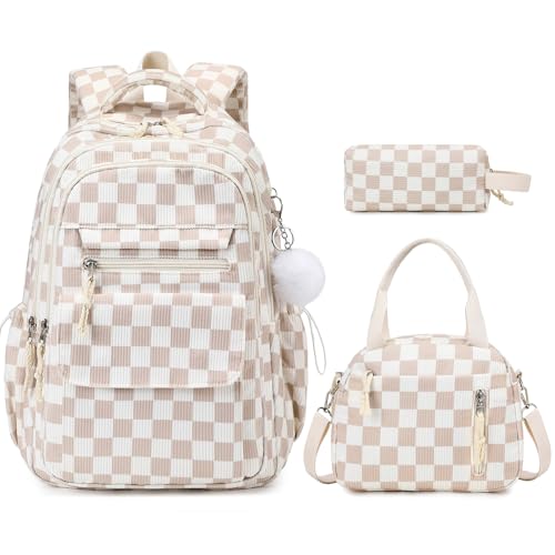 Bevalsa Backpack for Girls, 3PCS Corduroy Kids Backpack Set with Lunch Box & Pencil Pouch, Bookbag Daypack Laptop Bag for Women Teens Elementary Middle High School - color: Khaki Checkerboard