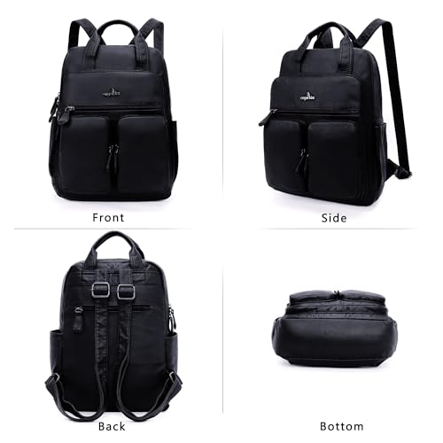 Angel Kiss Backpack Purse for Women Soft Washed Leather Multi Pocket Casual Travel Backpacks… - color: Black