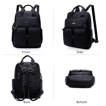 Angel Kiss Backpack Purse for Women Soft Washed Leather Multi Pocket Casual Travel Backpacks… - color: Black