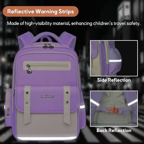 Kids Backpack for Kids, Lightweight Waterproof Purple White Backpack for School, Kindergarten Elementary School Students Boys & Girls Backpack with Safety Whistle and Includes a Detachable Waist Belt - color: Purple