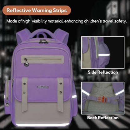 Kids Backpack for Kids, Lightweight Waterproof Purple White Backpack for School, Kindergarten Elementary School Students Boys & Girls Backpack with Safety Whistle and Includes a Detachable Waist Belt - color: Purple