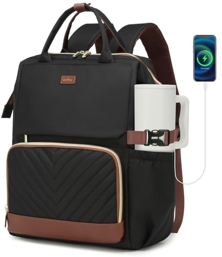 Work Backpack for Women, Teacher Nurse Bookbag Laptop Backpack with Cup Holder & USB Charger for Travel, College School Bags for Teen Girl, Black Brown - color: Black Brown, size: 15.6in