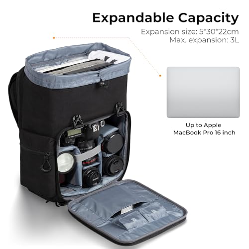 K&F CONCEPT Camera Backpack, Hard Shell Camera Bag, Large Capacity Photography Backpack with 15.6" Laptop Compartment & Tripod Holder & Rain Cover - color: Black