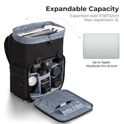 K&F CONCEPT Camera Backpack, Hard Shell Camera Bag, Large Capacity Photography Backpack with 15.6" Laptop Compartment & Tripod Holder & Rain Cover - color: Black