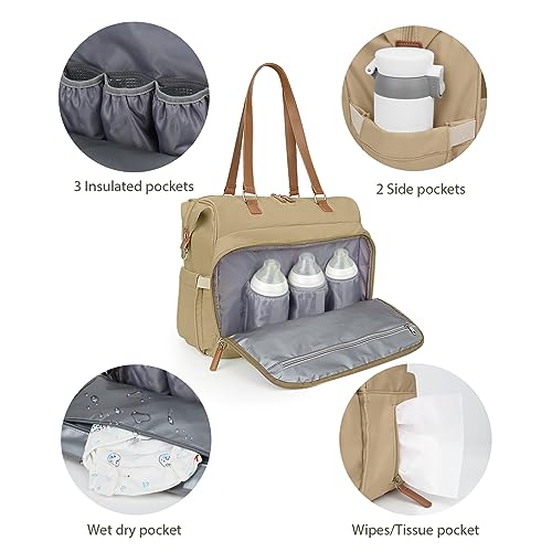 Mom‘s Diaper Bag 4 in 1 Diaper Baby Tote, Hospital Bag for Labor & Delivery, Large Waterproof Baby Travel Weekender with 3 Insulated Pockets, Khaki - color: Khaki M