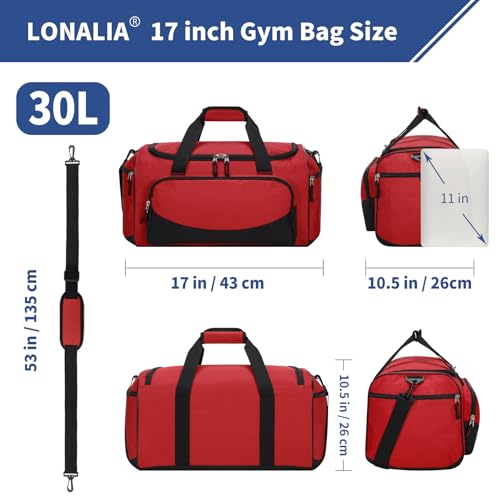 30L Gym Sport Duffle Bag - 17 inch Carry on Weekender Overnight Bag for Travel, Workout, Fitness (Red-30L) - color: Red