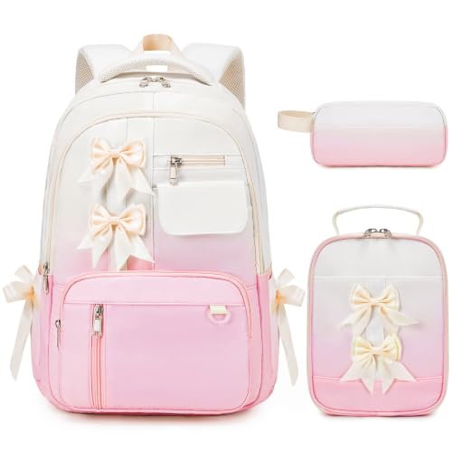 Bevalsa Backpack for Girls, Bow School Backpack for Kids with Lunch Bag & Pen Case, Cute Bookbag for Teens Girls Children for Elementary Middle High College Student, Back To School Gift (Beige Pink) - color: Beige Pink