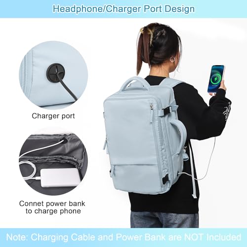 Sinaliy Large Expandable Travel Backpack for Men and Women, 17 Inch Laptop, Waterproof, Casual, College, Business, Hiking, Camping - color: Light Blue