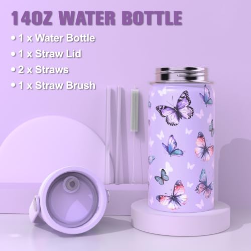 Bevalsa Backpack for Girls, School Bookbag Teen Girls Backpack Set with 14oz Insulated Water Bottle Stainless Steel, Lunch Bag & Pencial Case for Kids Elementary Middle Student (Purple Butterfly) - color: Purple Butterfly