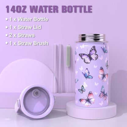 Bevalsa Backpack for Girls, School Bookbag Teen Girls Backpack Set with 14oz Insulated Water Bottle Stainless Steel, Lunch Bag & Pencial Case for Kids Elementary Middle Student (Purple Butterfly) - color: Purple Butterfly