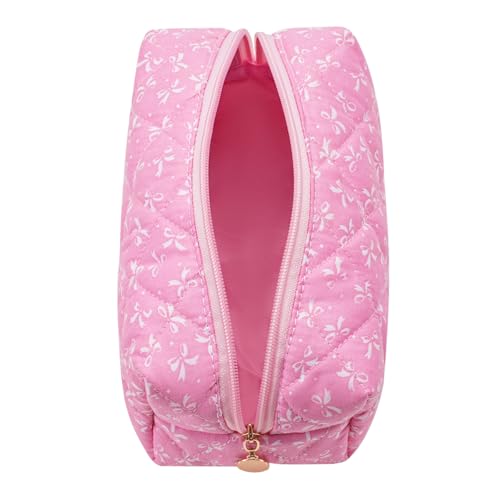 Cute Floral Makeup Bag Small Cotton Quilted Cosmetic Bag, Aesthetic Essential Bag Emergency Bag Gift for Women Girls Travel Accessories (Pink) - color: Pink