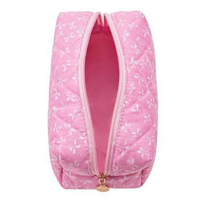 Cute Floral Makeup Bag Small Cotton Quilted Cosmetic Bag, Aesthetic Essential Bag Emergency Bag Gift for Women Girls Travel Accessories (Pink) - color: Pink