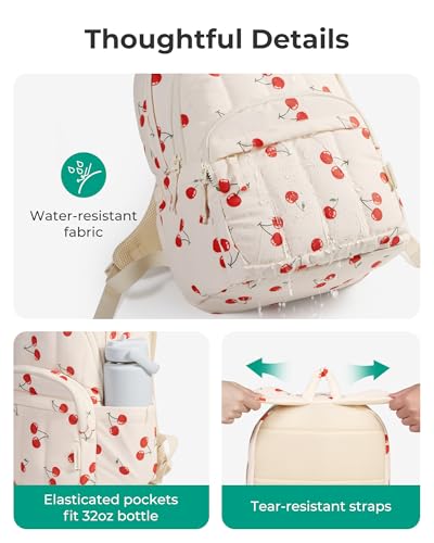 BAGSMART Womens Backpack Small Travel Laptop Backpack for Women, Quilted College Laptop Bookbag, Work Back Pack for Women, Cute Computer Water-Resistant Casual Daypack,Cherry Print - color: 15-cherry Print
