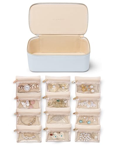 VLANDO Travel Jewelry Case Organizer,Small Jewelry Box with 12 Velvet Jewelry Storage Pockets,Christmas Gift Ideas for Bride Friends Women Girls-Baby Blue - color: 12PCS-Baby Blue