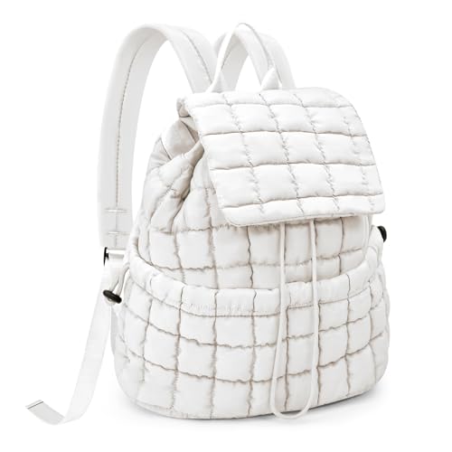 Quilted Puffer Backpack for Women Lightweight Soft Puffy Backpack Purse Casual Daily Drawstring Flap Daypack (White) - color: White