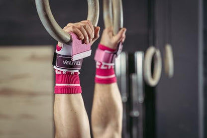 Velites - Official Games Quad Pro Grips - with Chalk - Wristbands Included - Pull-ups, Muscle-ups, and Toes-to-bar - color: Pink, size: X-Large
