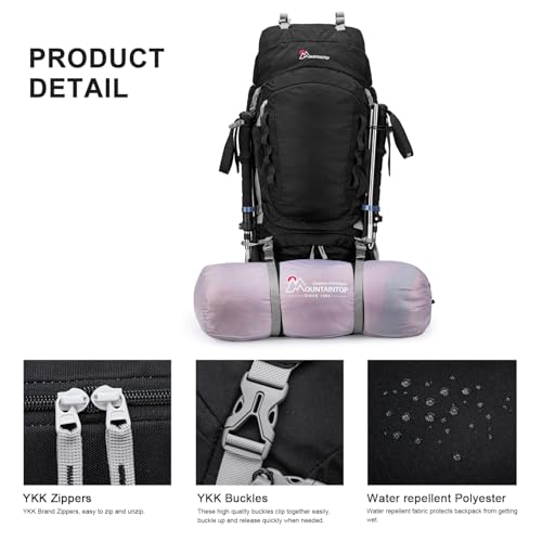 MOUNTAINTOP 80L Internal Frame Backpack for Man & Women Backpacking Hiking Backpack with Rain Cover - color: Black-80l