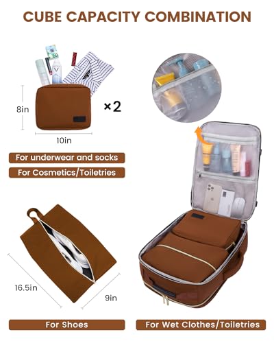 LOVEVOOK 56L Travel Backpack for Women & Men, Airline Approved Carry On Luggage with 3 Packing Cubes, TSA Overnight Bags, Waterproof Personal Item Bag, Weekender Essentials Backpacks fits 17" Laptop - color: Brown-beige-black, size: XX-Large