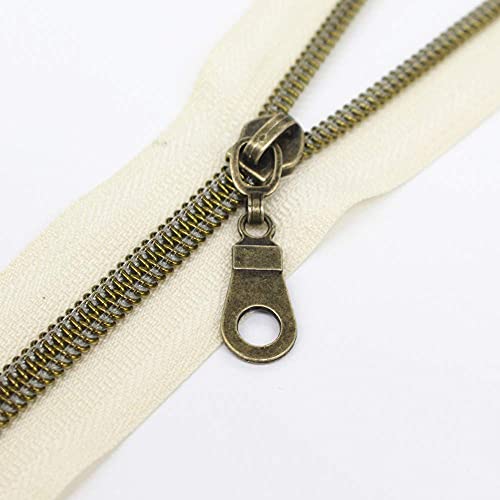 MebuZip #5 Antique Brass Metallic Nylon Coil Zippers by The Yard Bulk Coil Zipper Roll 10 Yards with 25pcs Pulls for DIY Sewing Craft Bags (Beige) - color: Antique Brass Beige