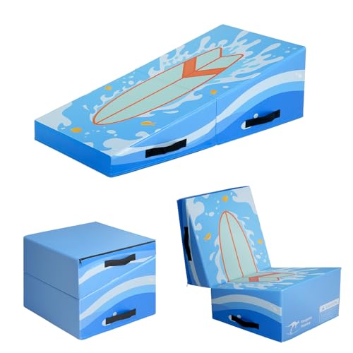 Kangaroo Hoppers Gymnastics Cheese Wedge Mat for Kids Ages 1-12, 3 Sizes Folding Incline Tumbling Mat with High-Density EPE Foam and Removable PVC Leather Cover, Portable Home Gym Training Equipment for Toddlers, Beginners and Young Gymnasts - color: Blue