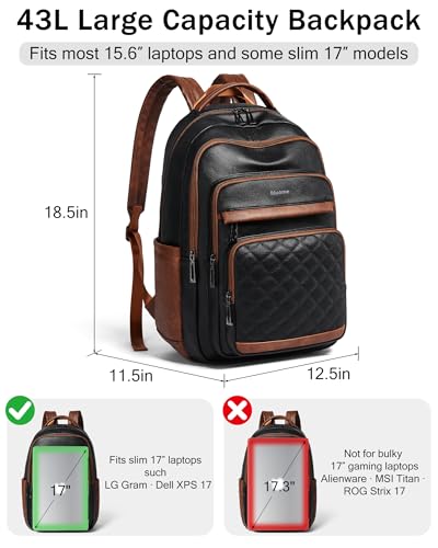 Bluome Work Backpack for Women Men, Laptop Vegan Leather Backpack Purse with 15.6–17 Inch Laptop, Multi-Pocket Bookbag for Office Travel Gym Weekend Overnight Bag, Black&Brown - color: Black&brown
