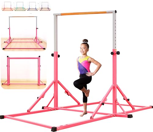 Marfula Gymnastic Bar For Kid and Teenage of 3-25, 5Ft/8 FT Base Length 4Ft Width 5Ft Adjust Height, Gymnastic Kip Bar For Gymnast, Gymnastic Training Equipment For Professional Training Home Club Use - color: Pink (New Style - 8 Ft Base)