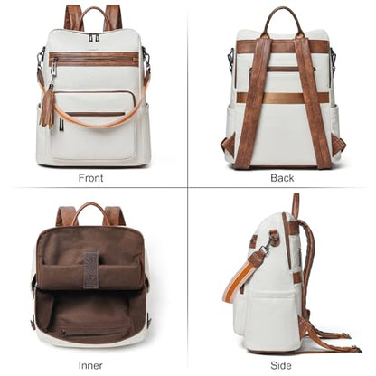 Shrrie 15.6 inch Laptop Backpack for Women,Large Leather Backpack Purse,Travel,Carry on,Water Resistant Casual Laptop Backpacks,College Backpack,Work Backpack for Women,Beige with Brown - color: Beige With Brown