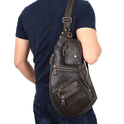 Leather Sling Bag Crossbody Backpack for Men Women Travel Outdoor Sports Hunting Hiking Large Capacity Cool Shoulder Chest Pack Bags Daypack - color: #28coffee