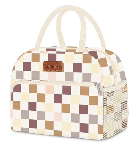 Coobiiya Lunch Bag for Women Men, Cute Corduroy Lunch Tote Bags Insulated Reusable LunchBox Large Capacity Cooler Bag for Work Travel Picnic Brown check - color: Brown check