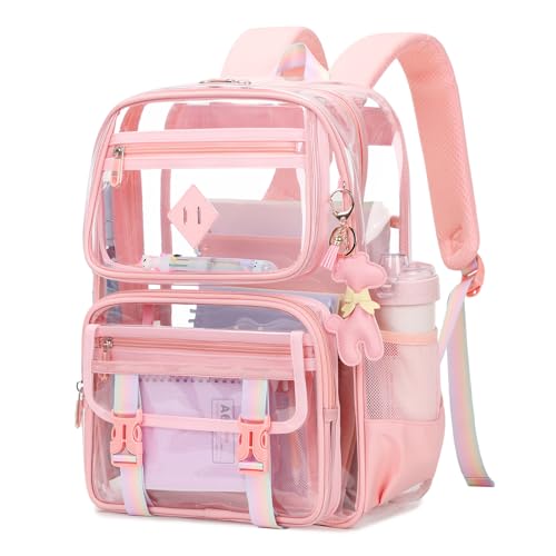 Sisipoet Clear Backpack for School, PVC Clear Bookbag Heavy Duty Transparent Backpack for Stadium Events See Through Bag - color: 1pc-pink