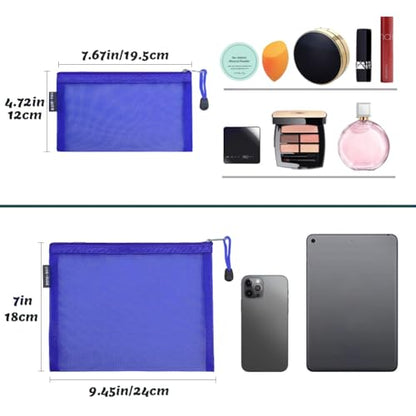 6 Pack Mesh Cosmetic Bags, Nylon Makeup Pouches with Zipper for Home Office Purse Diaper Bag (Blue) - color: Blue(2size)