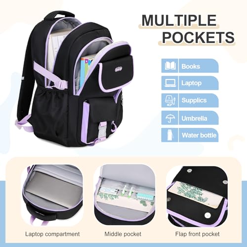 DIGOBAY Backpacks for Girls, 3PCS School Backpack with Lunch Box Pencil Pouch for Teen Girls Children Elementary Primary Middle High College Daypack School bag Bookbag Set（Black-Purple） - color: Black-purple
