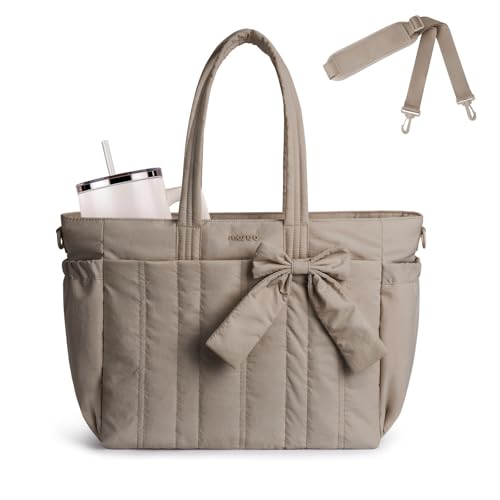MOSISO Tote Bag for Women, Laptop Bags Handbag Work Tote Bag with Cup Holder & Bownot & 15-16 inch Laptop Compartment for Travel Work School, Lightweight Puffer Tote Bags with Trolley Sleeve, Brown - color: Brown